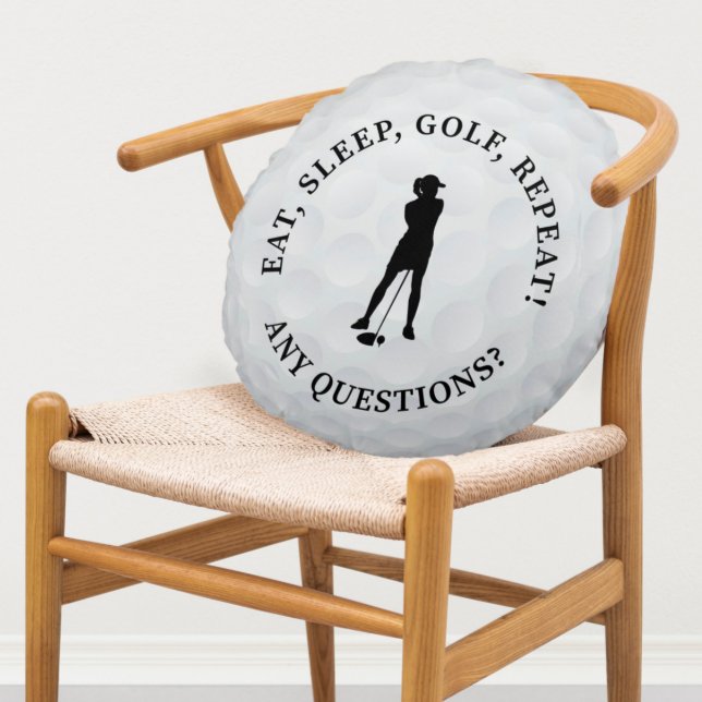 Custom Lady Golfer Silhouette Cute Golf Ball Black Round Pillow (Creator Uploaded)