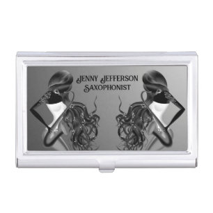 custom Lady Saxophonist Musician Black and white  Business Card Case