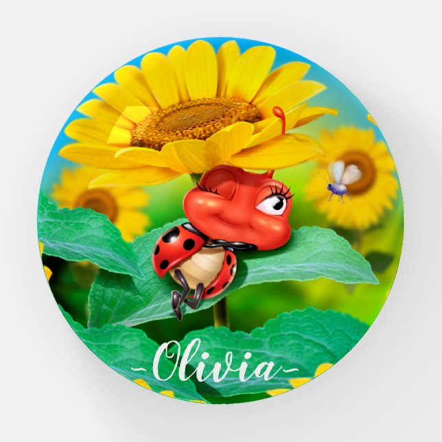 Custom ladybird sunflowers glass dome paperweight (Front)