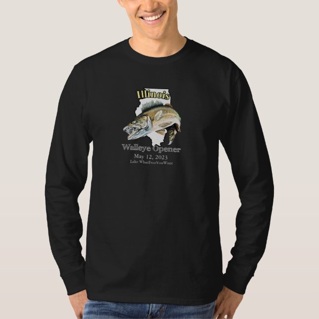 Custom Lake and Date Illinois Walleye Opener Dark T-Shirt (Front)