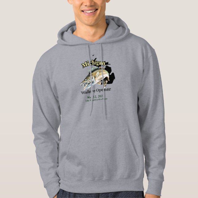 Custom Lake and Date Michigan Walleye Opener Hoodie (Front)