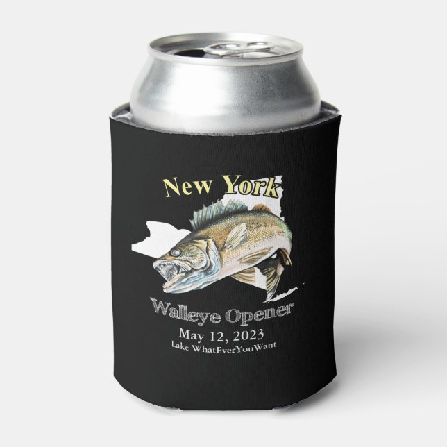  Custom Lake and Date New York Walleye Opener Can  Can Cooler (Can Front)