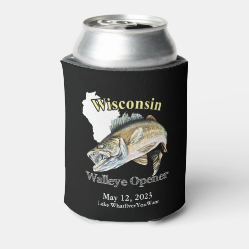 Custom LakeDate Wisconsin Walleye Opener Dark Can Cooler