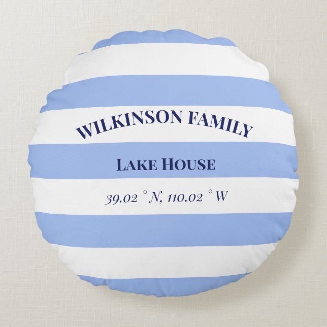 Custom Lake house Blue Stripes Round Pillow (Front)