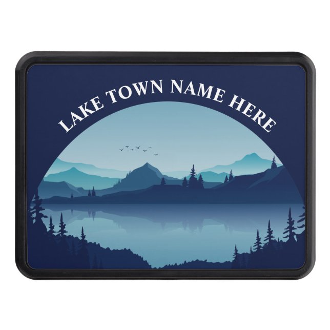 Custom Lake House Cabin Town Name Blue Hitch Cover (Front)