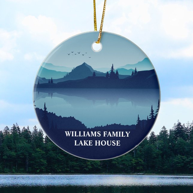 Custom Lake House Family Home Blue Christmas Ceramic Ornament (Creator Uploaded)