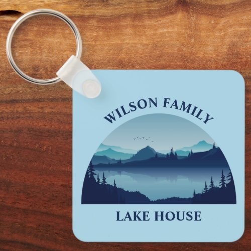 Custom Lake House Family Home Blue Keychain