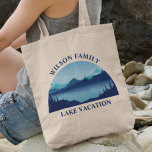 Custom Lake House Family Reunion Summer Vacation Tote Bag<br><div class="desc">These cool custom lake house tote bag feature a serene blue river surrounded by trees and your personalized text for a family reunion,  camping trip,  or summer vacation. Customize this tote bag with your last name or other group name.</div>