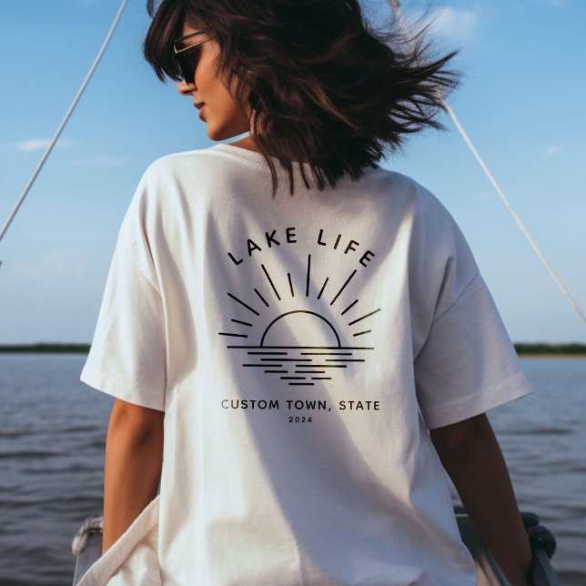 Custom Lake Life Sunset Minimalist Modern Boho T-Shirt (Boho style Minimalist Lake Life shirt!)