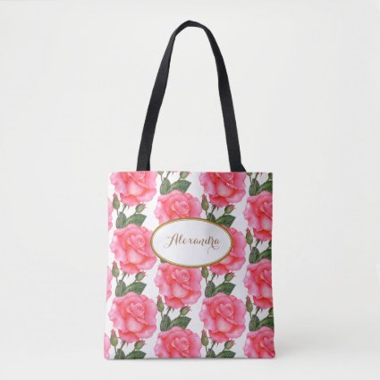 Custom Large Pink Roses Floral Art Tote Bag