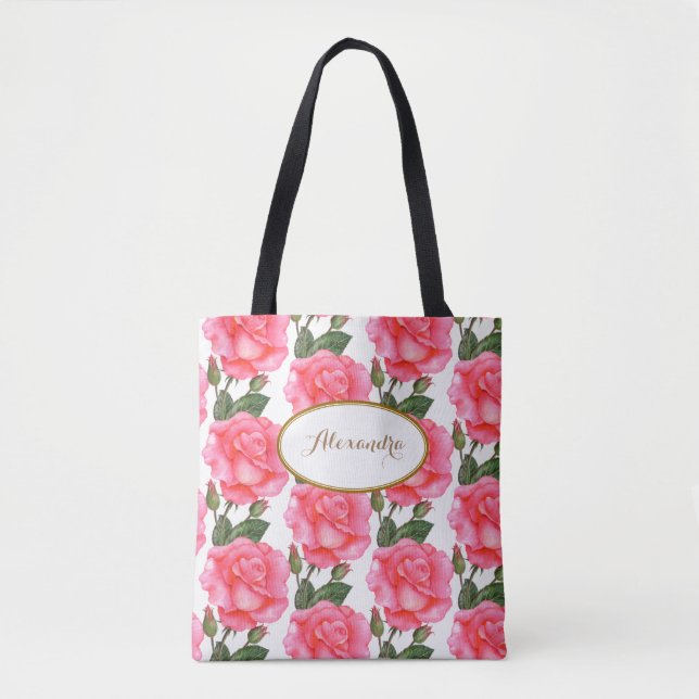 Custom Large Pink Roses Floral Art Tote Bag (Front)