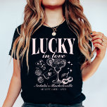 Custom Las Vegas Bachelorette Party Personalized T-Shirt<br><div class="desc">Celebrate your Las Vegas bachelorette party with our Pastel Pink "Lucky In Love" Custom Las Vegas Bachelorette Party Personalized T-Shirts. These stylish and fun shirts are perfect for adding a cohesive and festive touch to your special weekend. Featuring a retro casino-inspired design, these shirts capture the excitement and glamour of...</div>