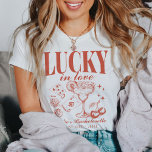 Custom Las Vegas Bachelorette Party Personalized T-Shirt<br><div class="desc">Celebrate your unforgettable Las Vegas bachelorette party with our Red "Lucky In Love" Custom Las Vegas Bachelorette Party Personalized T-Shirts. These vibrant shirts feature a retro casino-inspired design, perfect for capturing the excitement of your bach trip. Whether you're exploring the Strip or enjoying a night out at the casinos, these...</div>