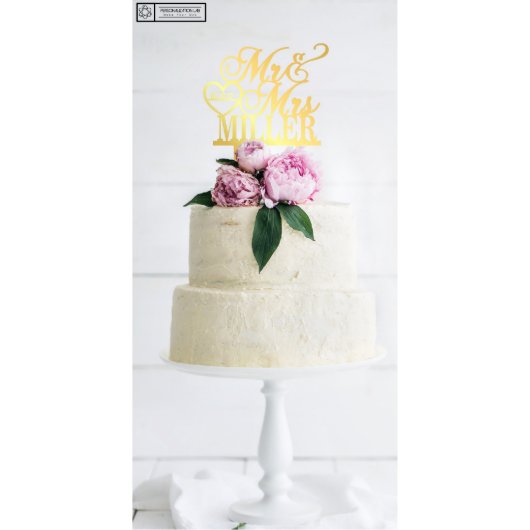 Custom Laser Cut Gold Mirror Wedding Cake Topper (Front)