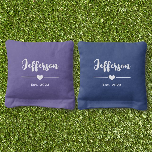 Custom Last Name Heart Wedding Script Cornhole Bags (Grass)