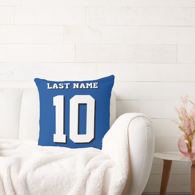 Custom Last Name Number Blue Sports Jersey  Throw Pillow (Couch)