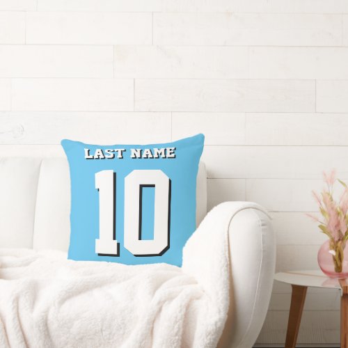 Custom Last Name Number Light Blue Sports Jersey  Throw Pillow