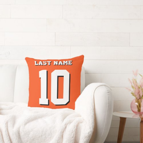 Custom Last Name Number Orange Sports Jersey  Throw Pillow