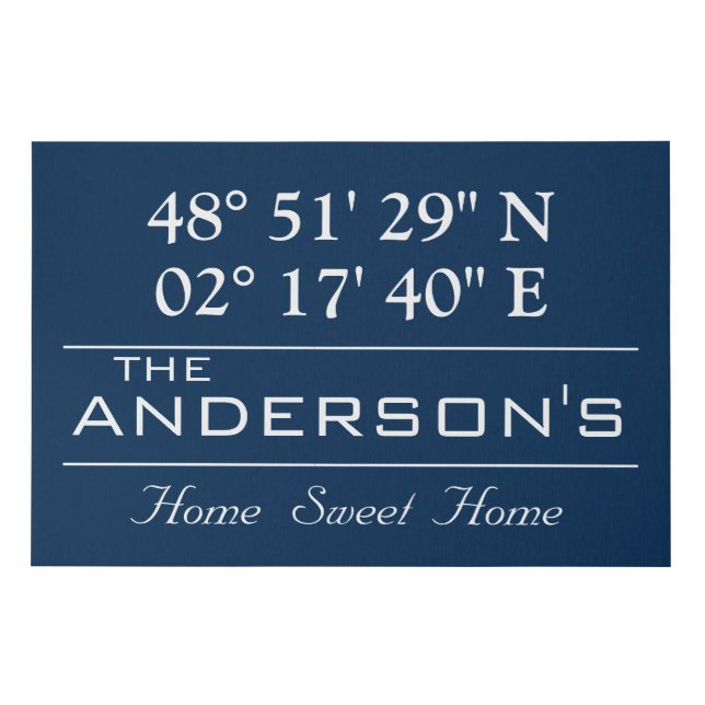 Custom Latitude Longitude Family Name Home Address Faux Canvas Print (Front)