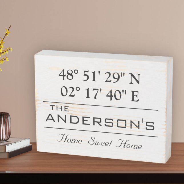 Custom Latitude Longitude Family Name Home Address Wooden Box Sign (Creator Uploaded)