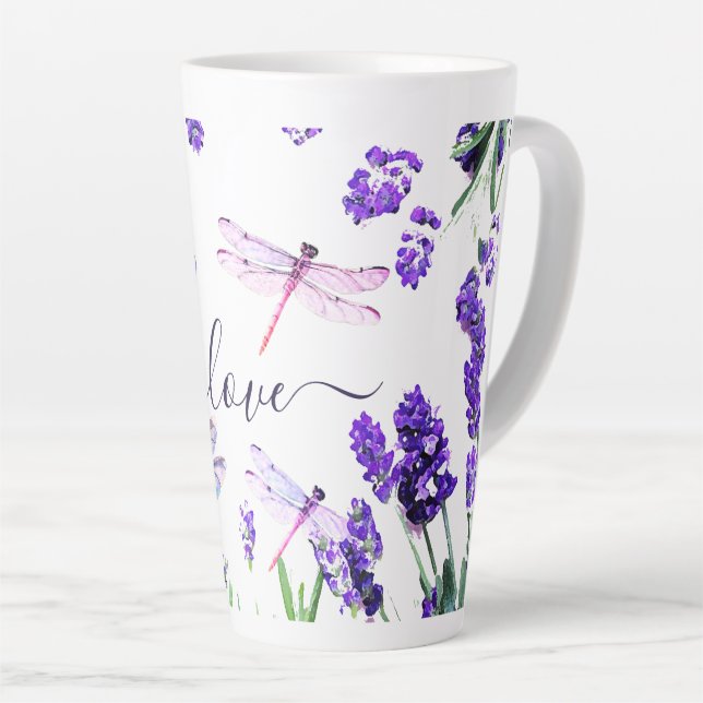 Custom Lavender Dragonfly Shabby Chic Boho Style Latte Mug (Right Angle)