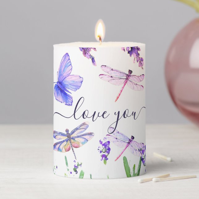 Custom Lavender Dragonfly Shabby Chic Boho Style P Pillar Candle (In Situ)