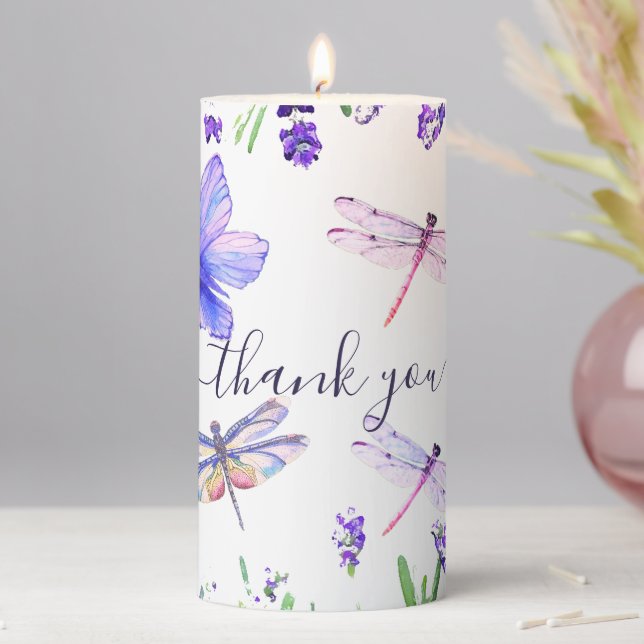 Custom Lavender Dragonfly Shabby Chic Boho Style Pillar Candle (In Situ)