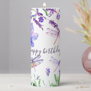 Custom Lavender Dragonfly Shabby Chic Boho Style Pillar Candle