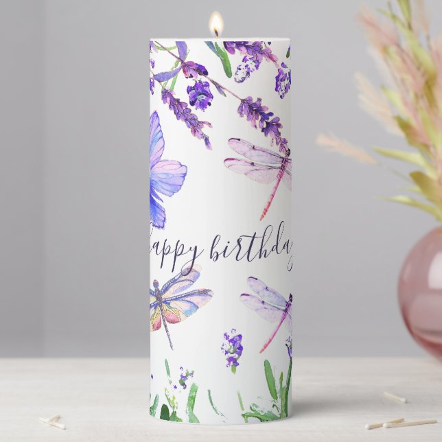 Custom Lavender Dragonfly Shabby Chic Boho Style Pillar Candle (In Situ)