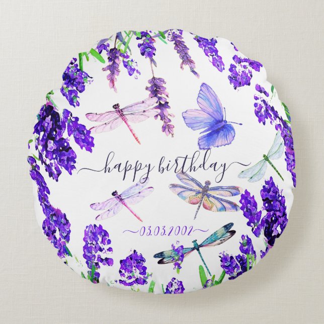 Custom Lavender Dragonfly Shabby Chic Boho Style Round Pillow (Front)