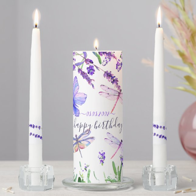 Custom Lavender Dragonfly Shabby Chic Boho Style Unity Candle Set (In Situ)