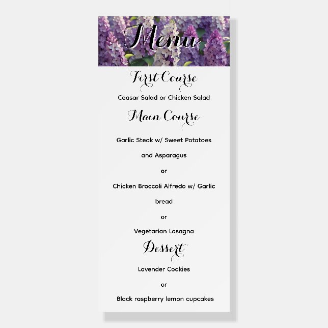 Custom Lavender FLower Wedding Menu Foam Board (Front)