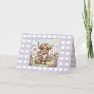 Custom Lavender Highland Cow Gingham Mother's Day Card