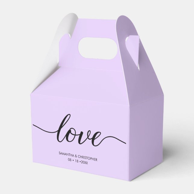 Custom Lavender Purple Minimal Love ScrIpt Wedding Favor Boxes (Front Side)