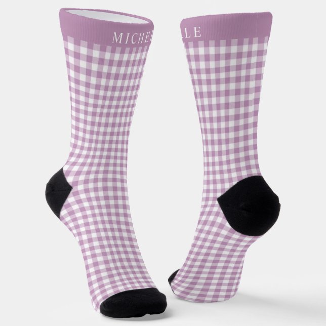 Custom Lavender Purple White Checkered Pattern Socks (Angled)