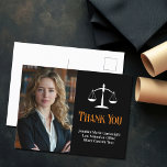 Custom Law School Black Orange Lawyer Thank You Postcard<br><div class="desc">Elegant black and orange lawyer thank you postcards with the scales of justice next to your graduation or office photo. Customize these law school postcards of thanks with chic white script next to your attorney photograph.</div>