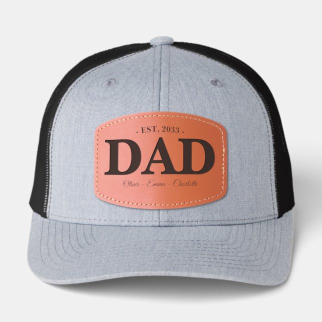 Custom Leather Patch Dad Established Kids Names Hat (Front)