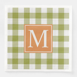 Custom Leaves Green Pumpkin Orange Gingham Pattern Paper Dinner Napkins