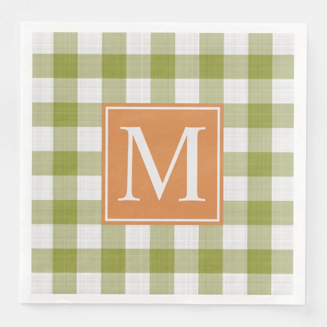 Custom Leaves Green Pumpkin Orange Gingham Pattern Paper Dinner Napkins (Front)