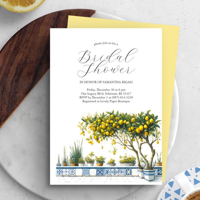 Custom Lemon Bridal Shower Invitations  (Yellow and blue lemon theme watercolor bridal shower invitations Victoria Grigaliunas DoTellABelle)