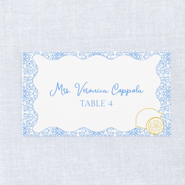 Custom Lemon Chic Mediterranean Wedding Table Place Card (Creator Uploaded)