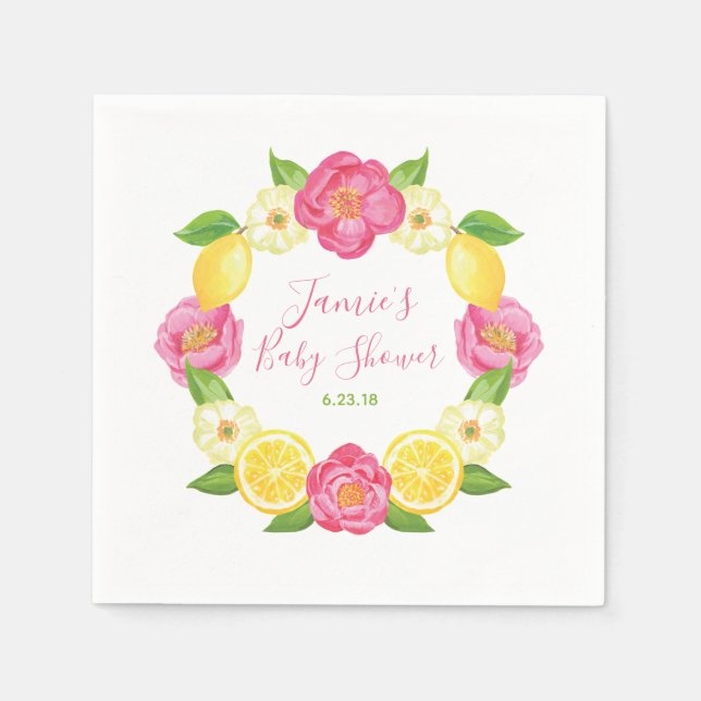 Custom Lemon Citrus Floral Rose Baby Shower Party Napkins (Front)