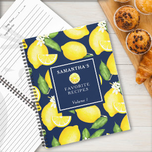 Custom Lemon Pattern Recipe Navy Blue Notebook