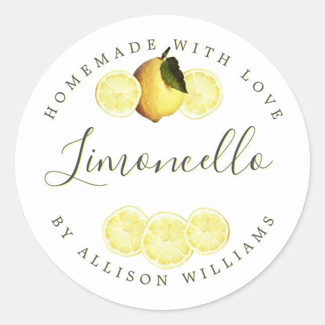 Custom Lemon Script Homemade Limoncello Classic Round Sticker (Front)