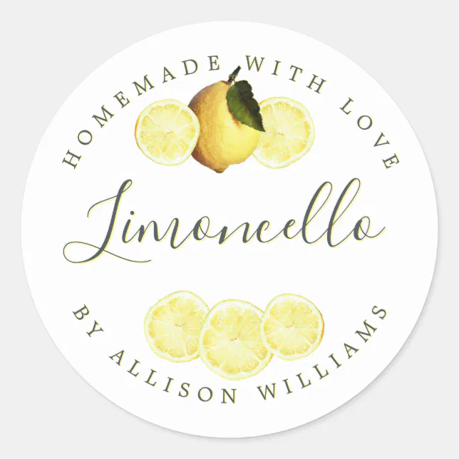 Custom Lemon Sticker Custom Lemon Script Homemade Limoncello Classic Round Sticker | Zazzle