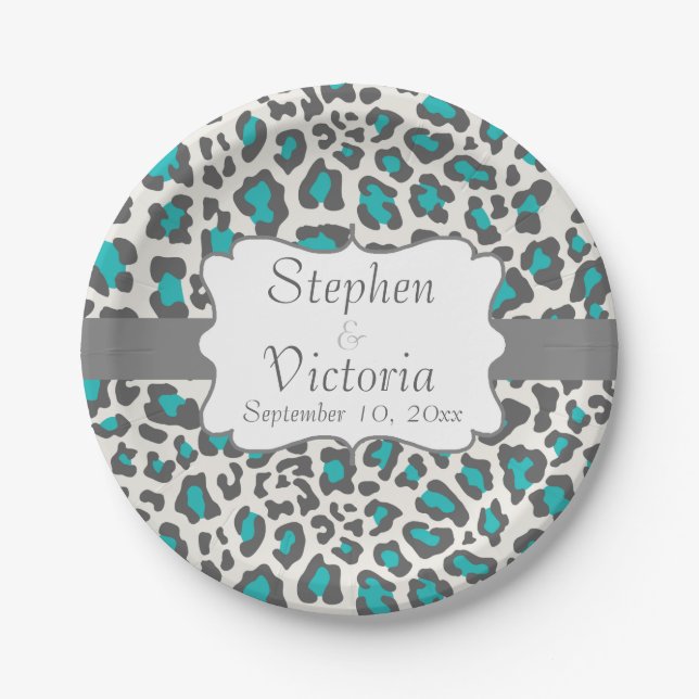 Custom Leopard Aqua, Gray, White Paper Plates (Front)