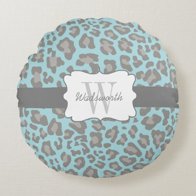 Custom Leopard Print Blue and Gray Round Pillow (Front)