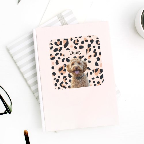 Custom Leopard Print Dog Photo with Name Square Sticker