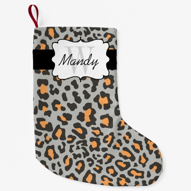 Custom Leopard Print Orange Black Gray Stocking (Front)