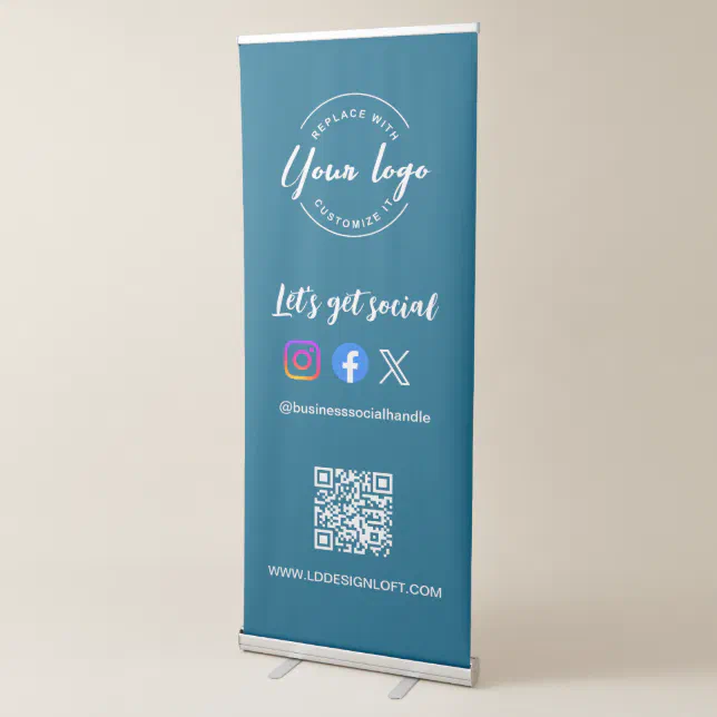 Custom Let's Get Social Media QR code website Blue Retractable Banner ...